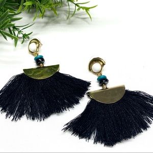 Bohemian Tassel Dangle Earrings Black Gold Tone